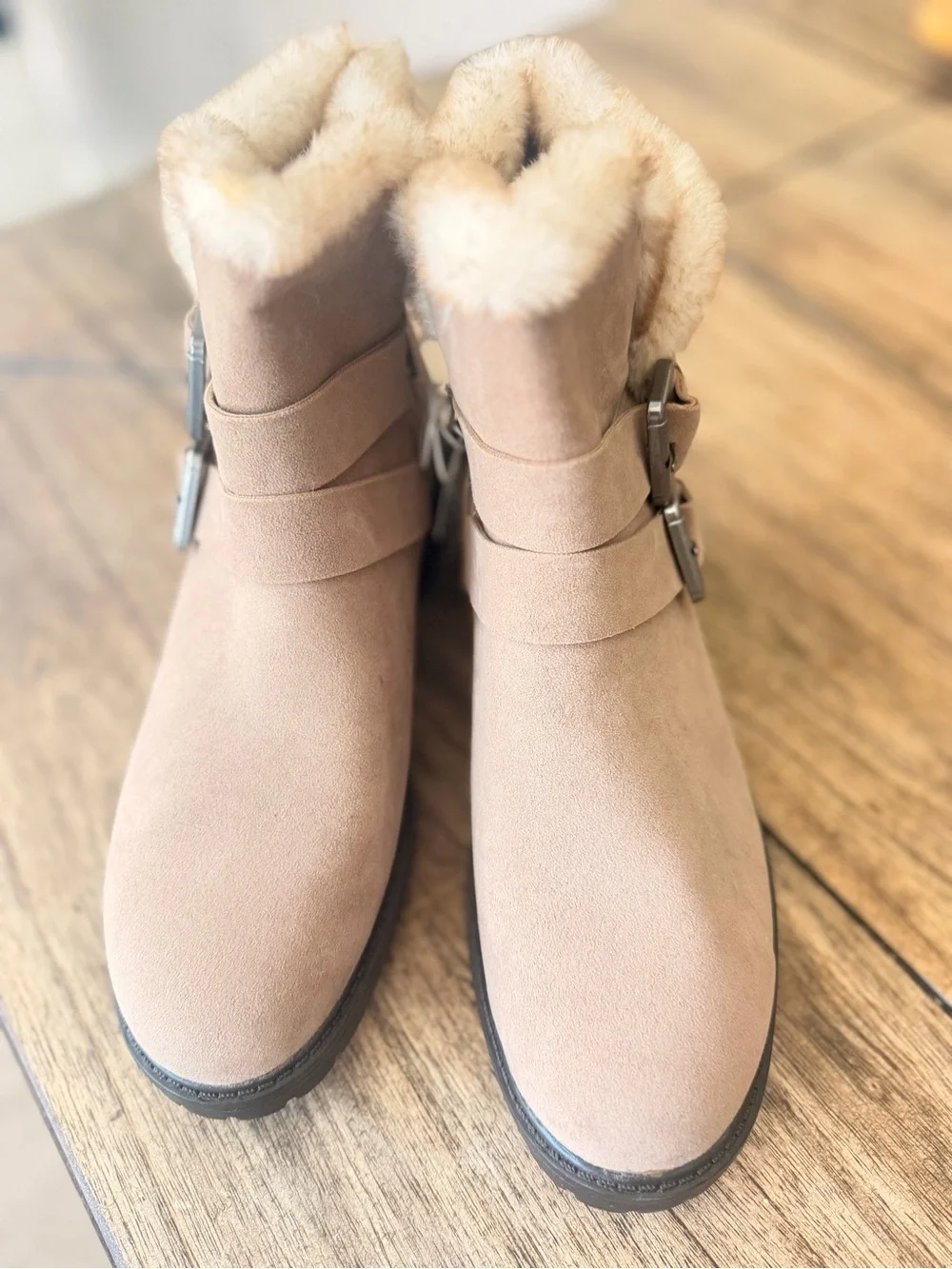 Universal Thread tan faux-suede double-buckle moto ankle boots feature a plush